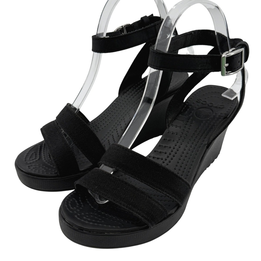 Crocs Leigh II Cross Strap Ankle Wedge Sandal Black Women 8 Strappy Y2K Vacay